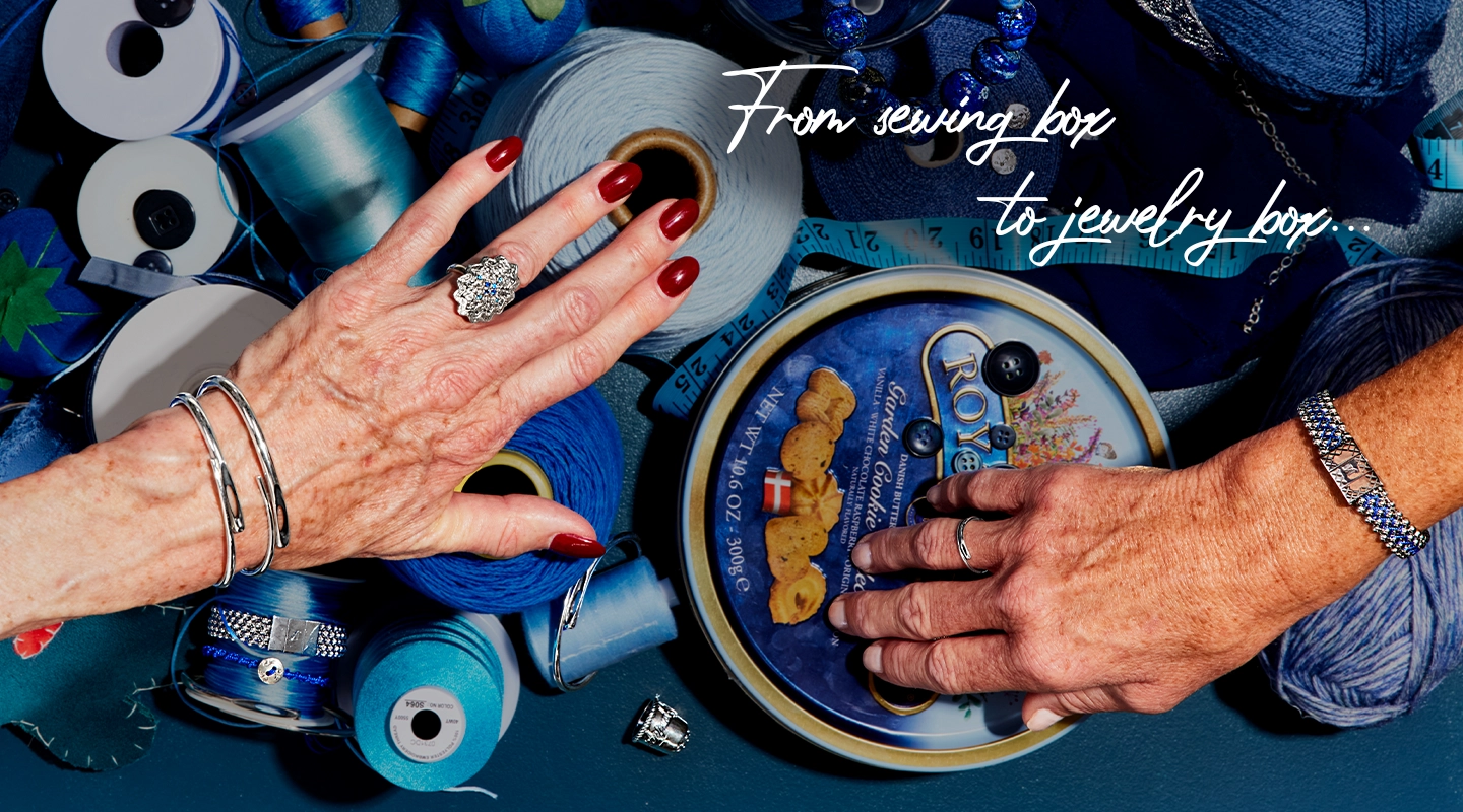 Mignon Faget Atelier Jewelry Collection: Classic blue tin cookie sewing kit