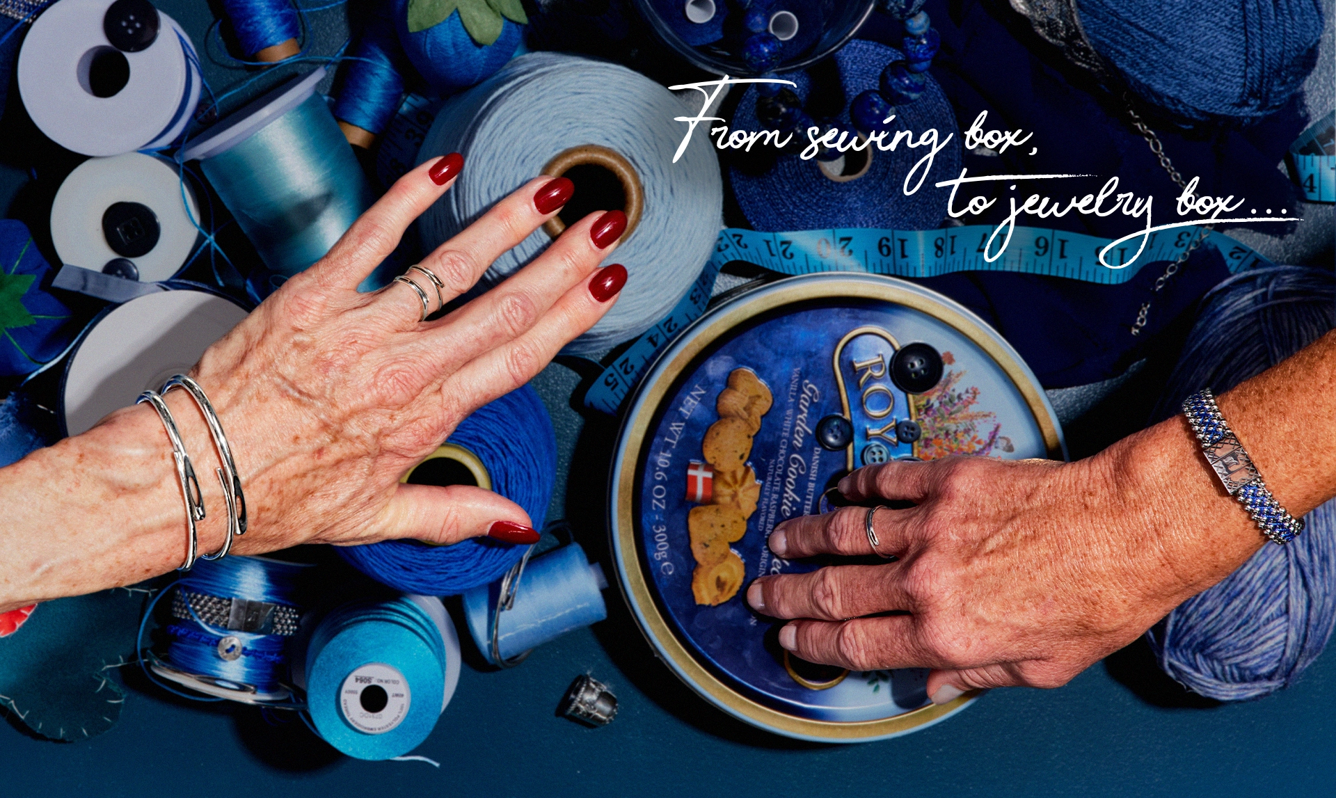 Mignon Faget Atelier Jewelry Collection: Classic blue tin cookie sewing kit