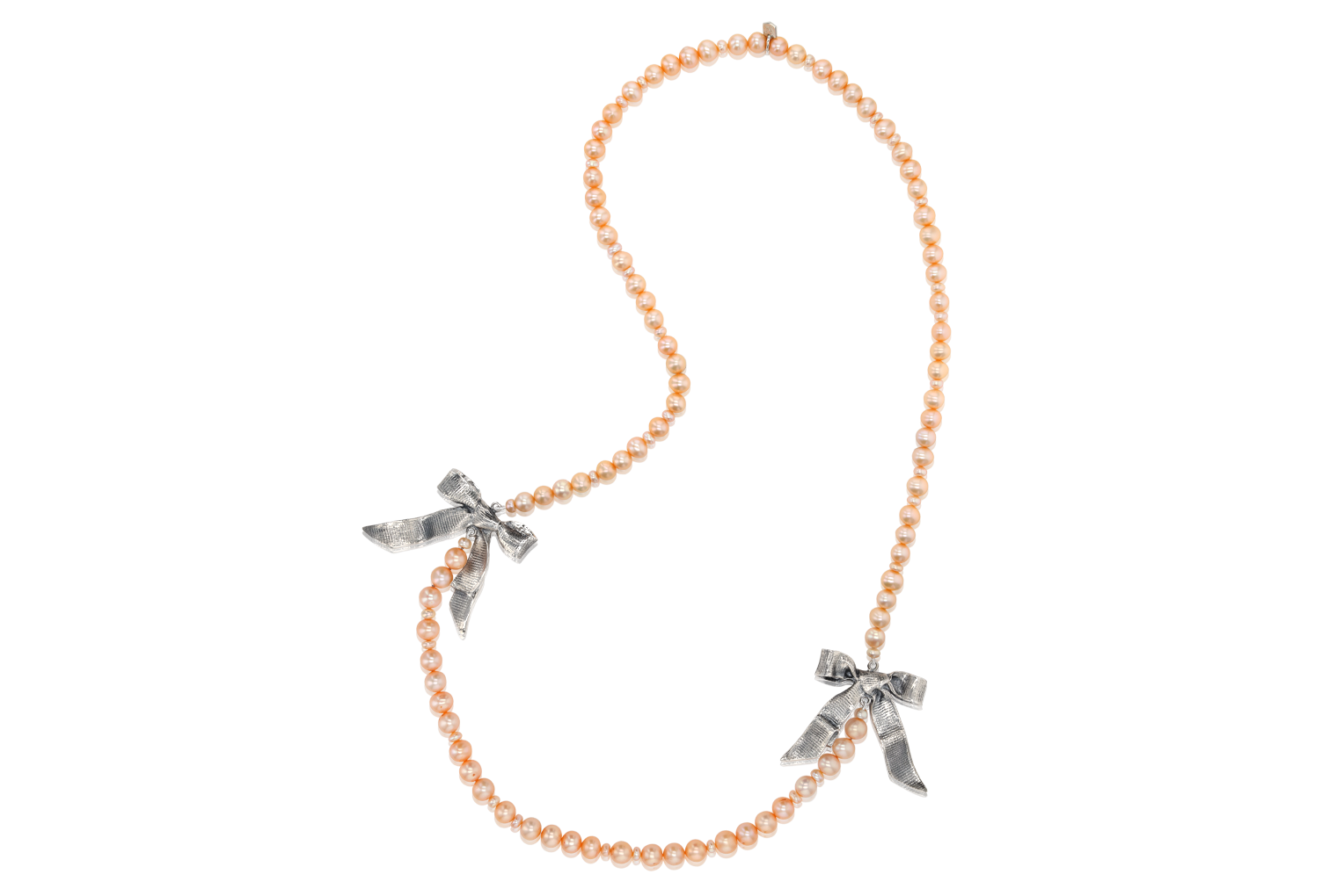 Double Bows on Peach Pearls Necklace