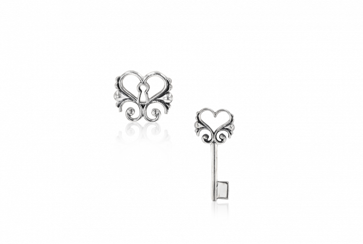 Heart Skeleton Key Earrings 14k Gold on Sterling Silver